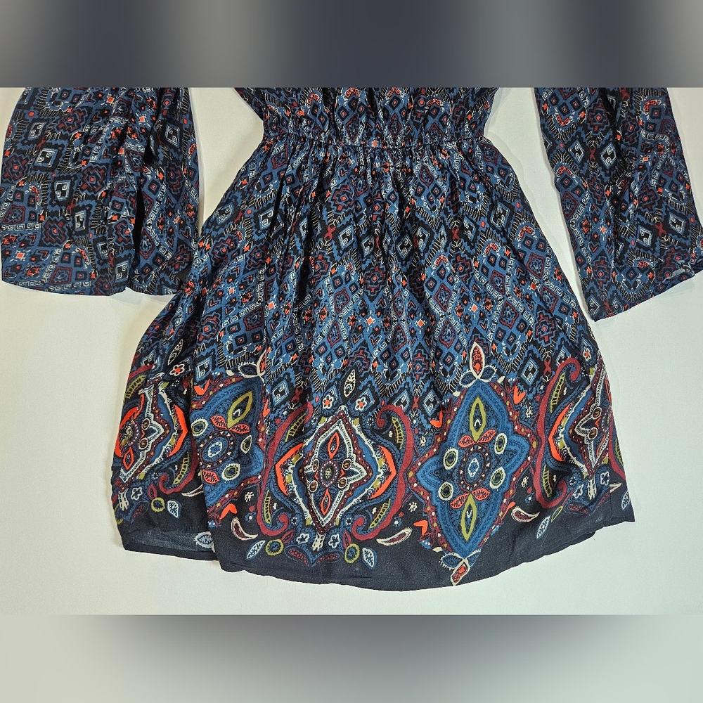 Abercrombie & Fitch Cold Shoulder Dress XS Blue Red Accent Paisley Boho Aztec - Picture 5 of 10